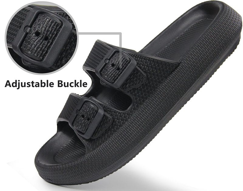 BenSorts Pillow Slippers for Women and Men Cute Rubber Sandal Adjustable Buckles Soft Slides Shower Spa Bath House Slippers Indoor Outdoor Black Men Size 8.5 9 9.5 Women Size 9.5 10 10.5
