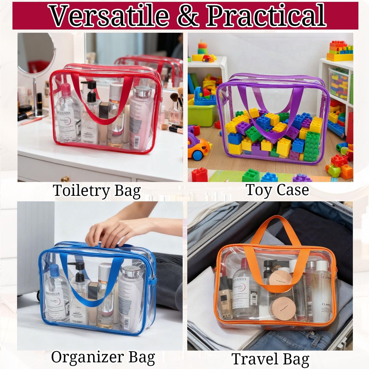 YOQIVEXU 4 Pack Large Clear Makeup Bag, Heavy Duty PVC Clear Cosmetic Toiletry Organizer Bags with Handle, Waterproof Plastic Toiletry Zipper Tote Bags for Travel, Gym, Cosmetic, Toiletry