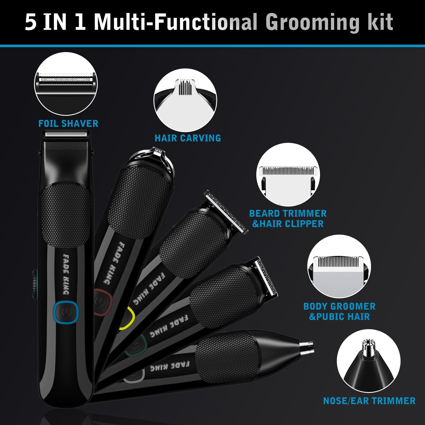 FADEKING Beard Trimmer for Men, Professional Hair Trimmer, Waterproof Electric Beard Trimmer Razor for Nose, Body, Face & Mustache, Cordless Hair Clippers, Grooming Gifts for Men (Blue)