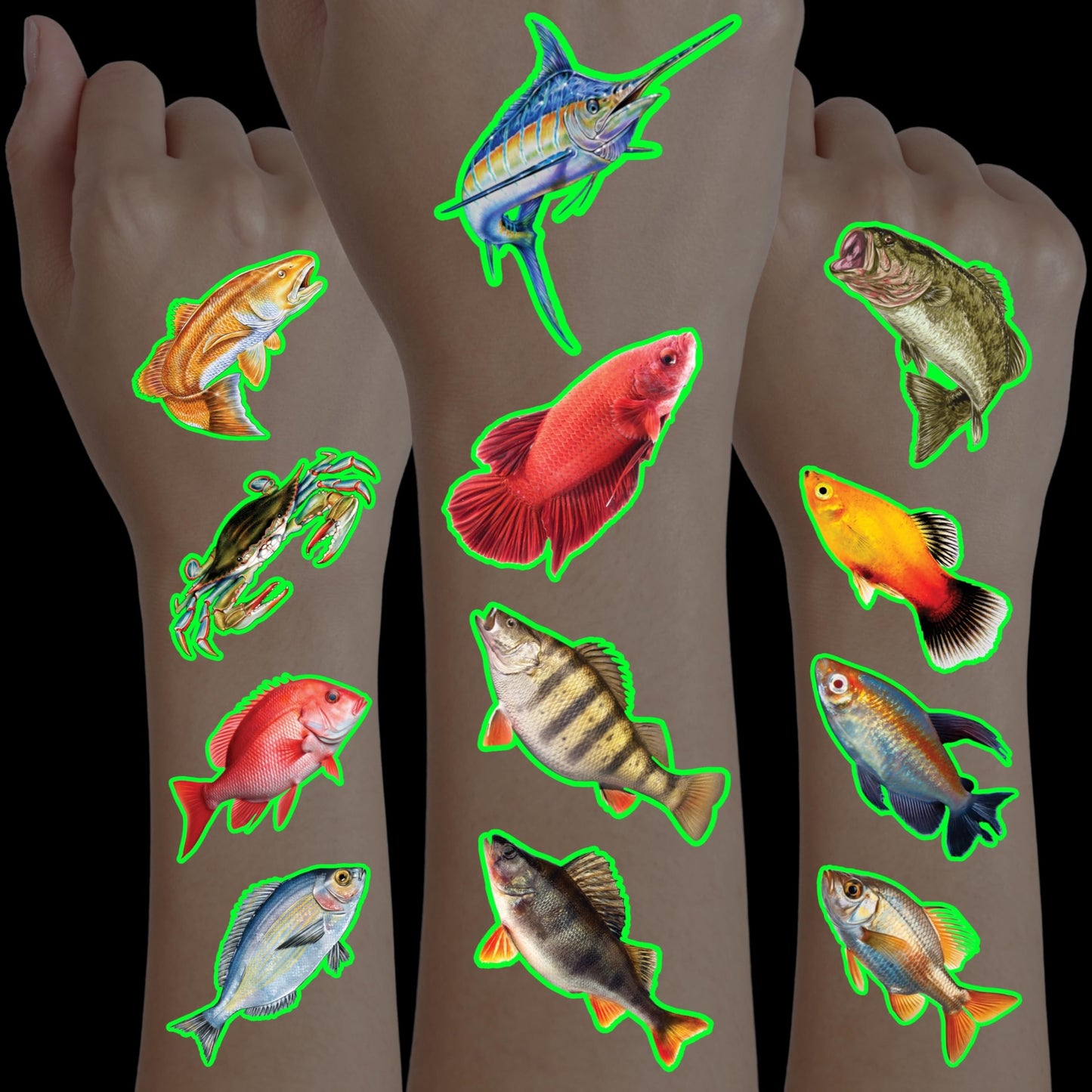 96PCS Fishing Pre-Cut Temporary Tattoos - Fish Lake Funny Fish-Themed Stickers for Kids' Birthday Party Supplies, Decorations, Favors, and Prizes - Cute Gifts for Boys and Girls (Glow in the dark)