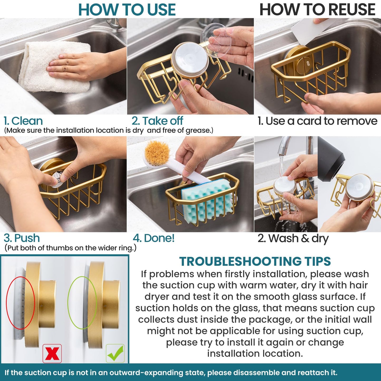 TAILI Sponge Holder for Kitchen Sink with Strong Suction Cup, Rustproof Aluminum Sink Caddy for Sponges, Brushes, Stoppers & Scrapers, Gold