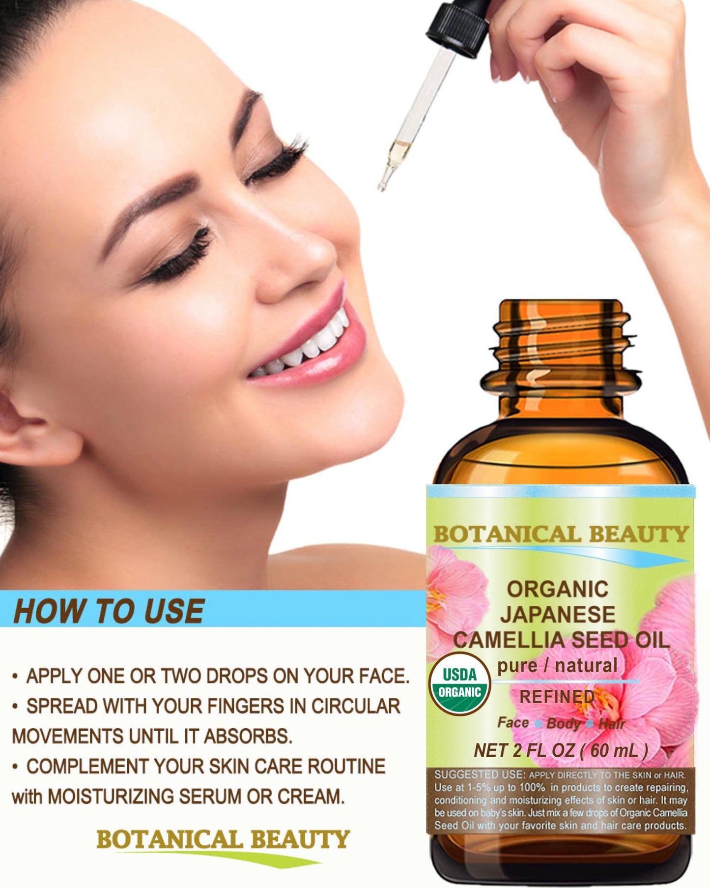 Botanical Beauty Japanese ORGANIC CAMELLIA Seed Oil. 100% Pure Natural Undiluted Refined Cold Pressed Carrier Oil to revitalize and rejuvenate the hair, skin and nails. 2 Fl. oz 60 ml