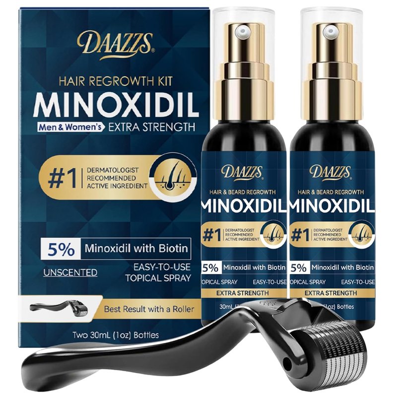Minoxidil Hair Growth Solution - Extra Strength Beard Spray Kit with Biotin for Thicker Hair - 2PCS