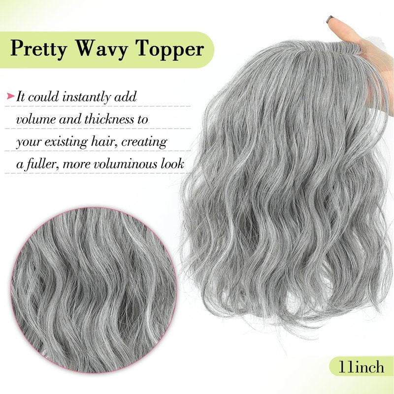 Ms Taj 11 Inch Short Wavy Salt and Pepper Hair Topper for Women with Thinning Hair, Natural Synthetic Lightweight Hairpiece for Women with 6.5"x6.5" Base, Instantly Adds Volume（Silver Grey）