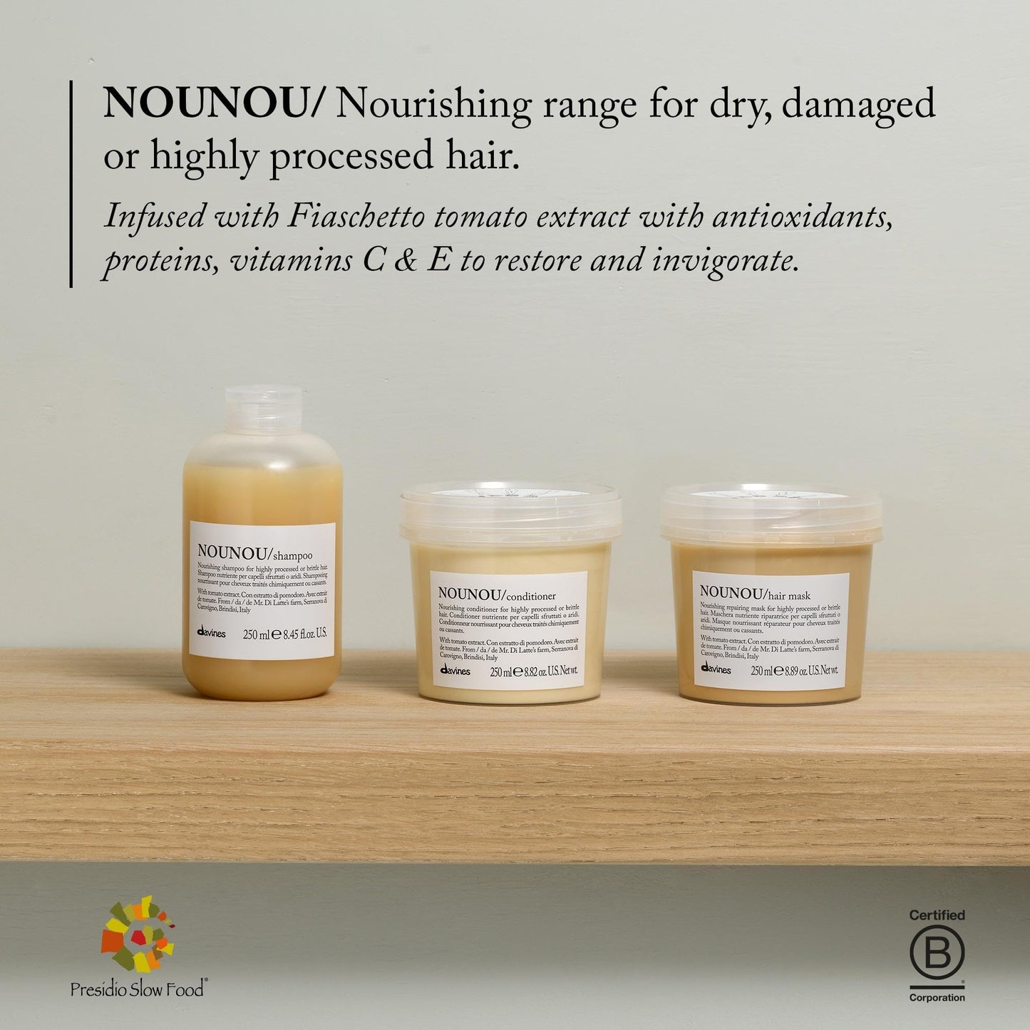 Davines NOUNOU Shampoo, Hydrating Gentle Cleansing Action for Highly-Processed, Chemically Treated, Dry, Damaged or Brittle Hair - Deep Nourishment Restores Softness with Tomato Extract, 8.45 Fl Oz