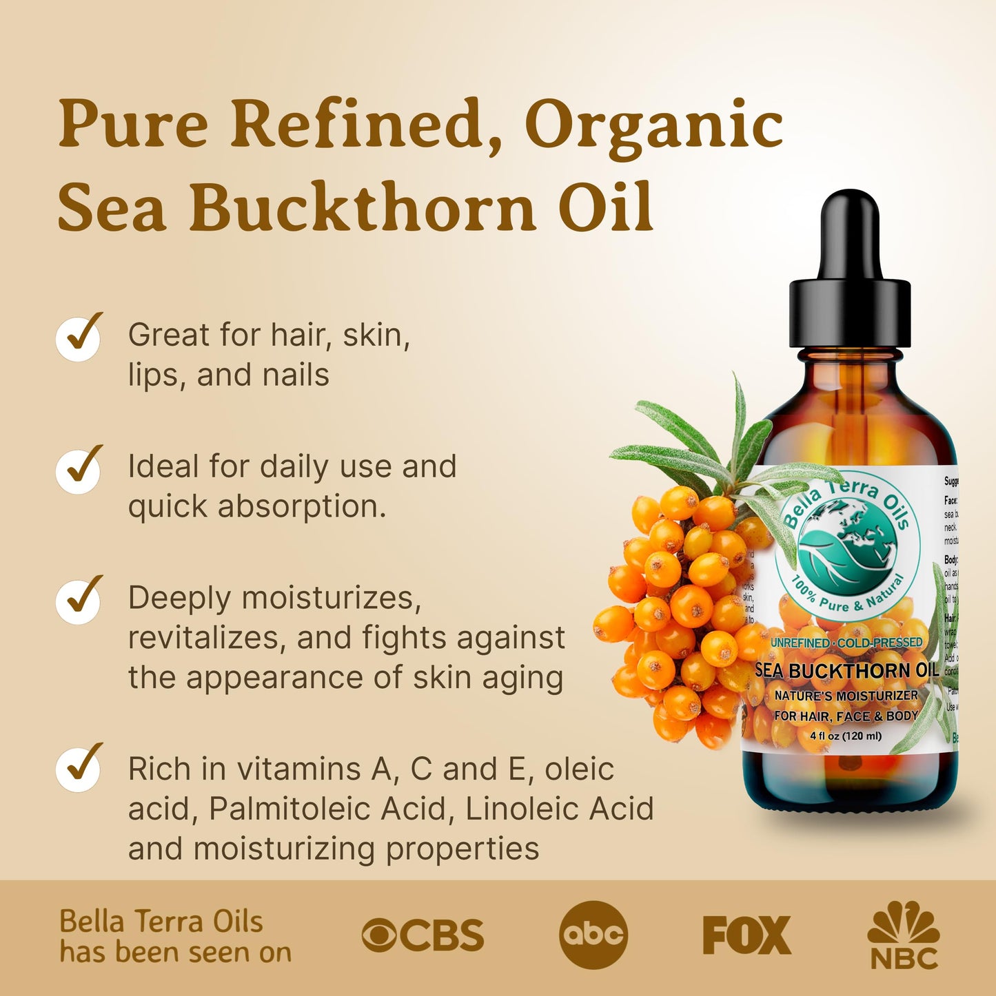 Bella Terra Oils - Sea Buckthorn Oil 16 oz - Capturing the Essence of Natural Sea Buckthorn Berries, Loaded with Omega-7 & Omega-9, A Sumptuous Embrace for Skin