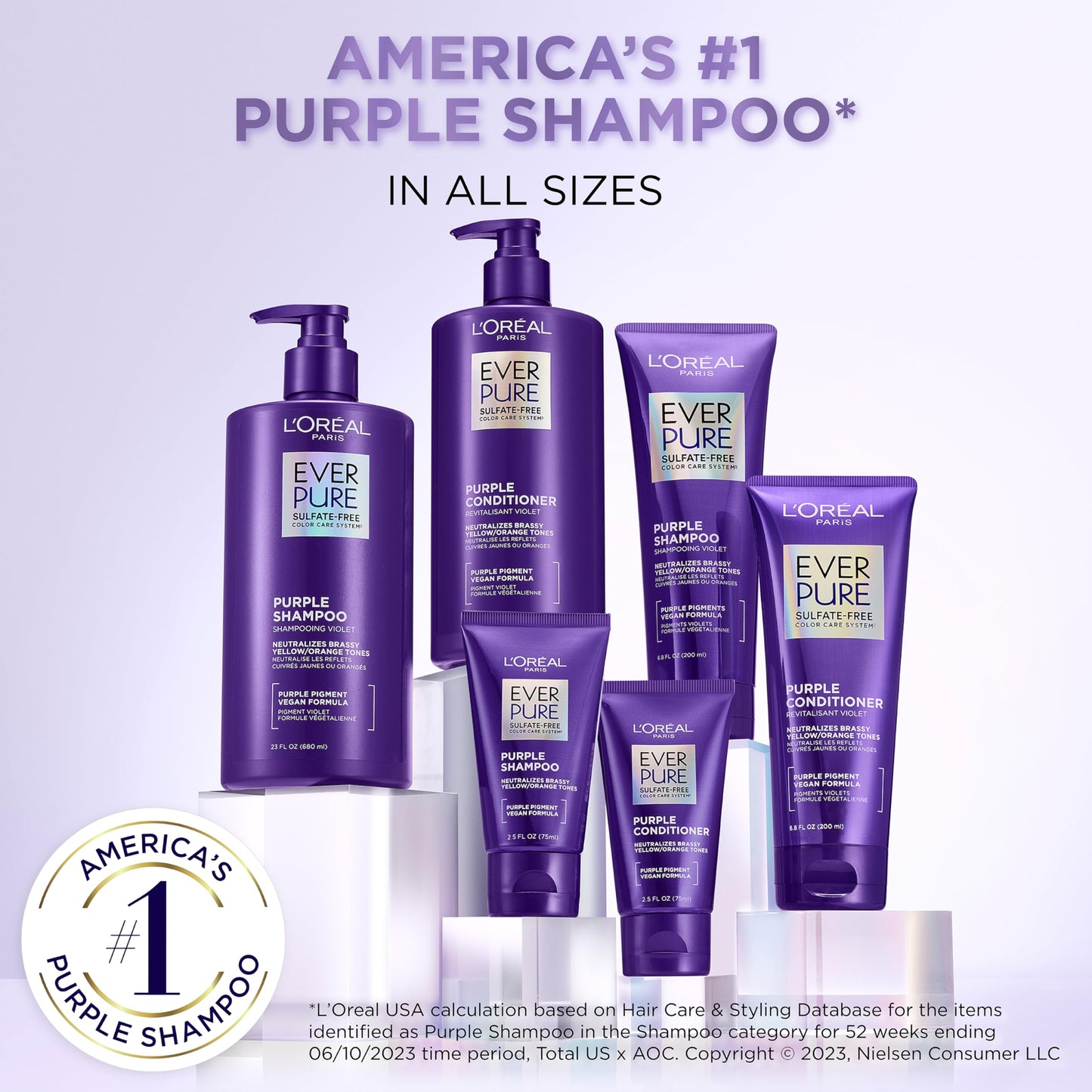 L’Oreal Paris Sulfate Free Brass Toning Purple Conditioner for Blonde, Bleached, Silver, or Brown Highlighted Hair, EverPure, 23 Fl Oz (Packaging May Vary)