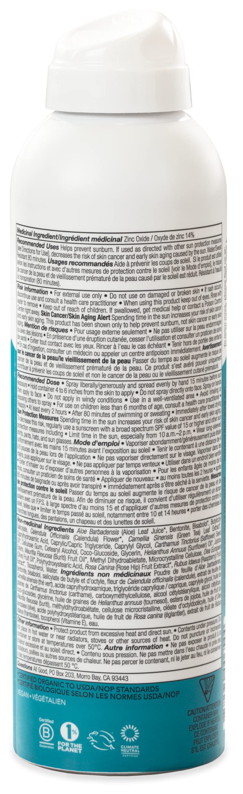 All Good Sport Sunscreen Spray - UVA/UVB Broad Spectrum SPF 30 - Water Resistant, Coral Reef Friendly - Zinc, Calendula, Aloe