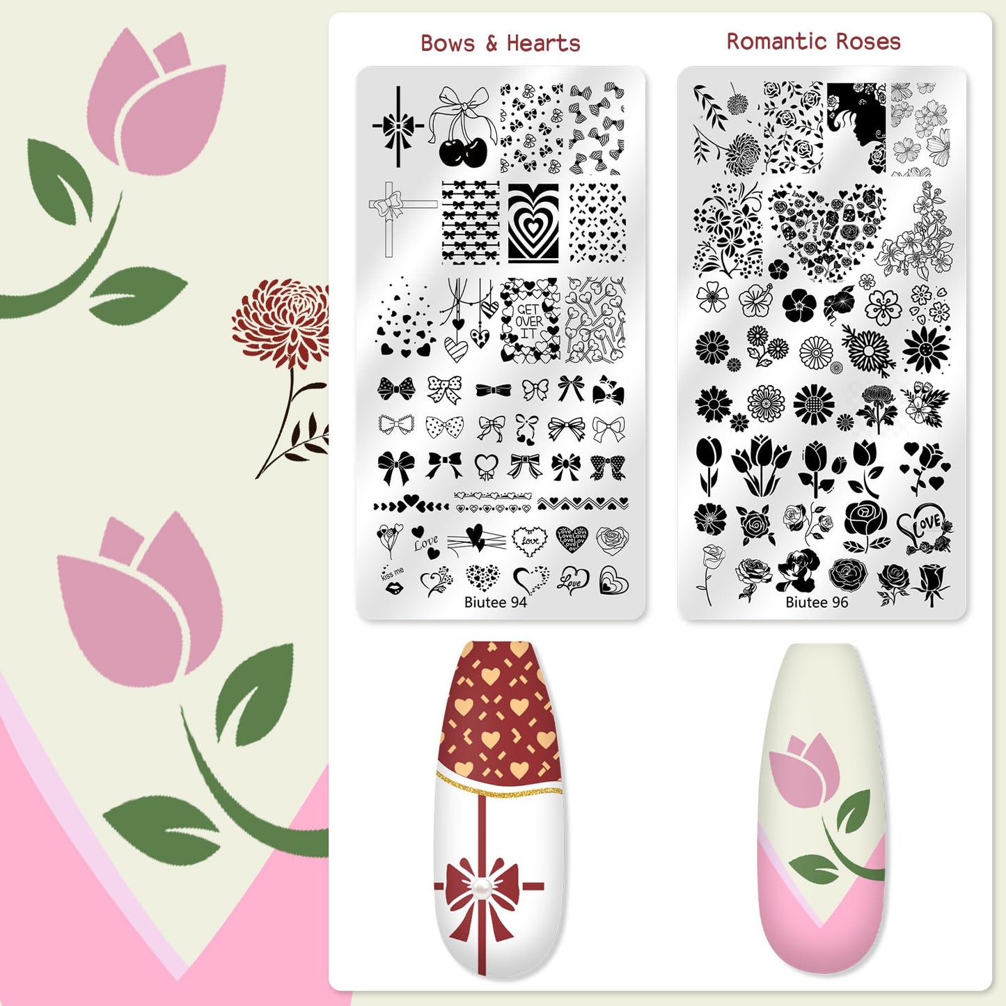 Biutee Nail Stamper Kit 12Pcs Nail Art Stamping Plate 8 Colors Stamp Polish Gel with Top Coat and Base Coat Set Silicone Stamper Scraper, Nail Stamp Plates Love Flower Butterfly Leaf Holiday Design