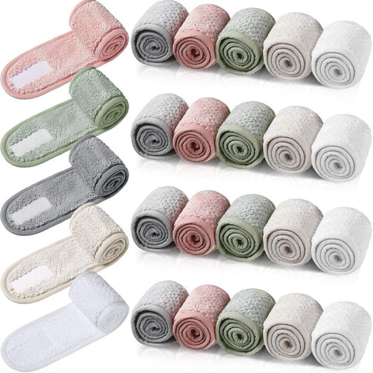 25 Pcs Spa Headbands - Adjustable Double Layer Coral Fleece Hair Wraps | Multicolor Set for Makeup & Bath