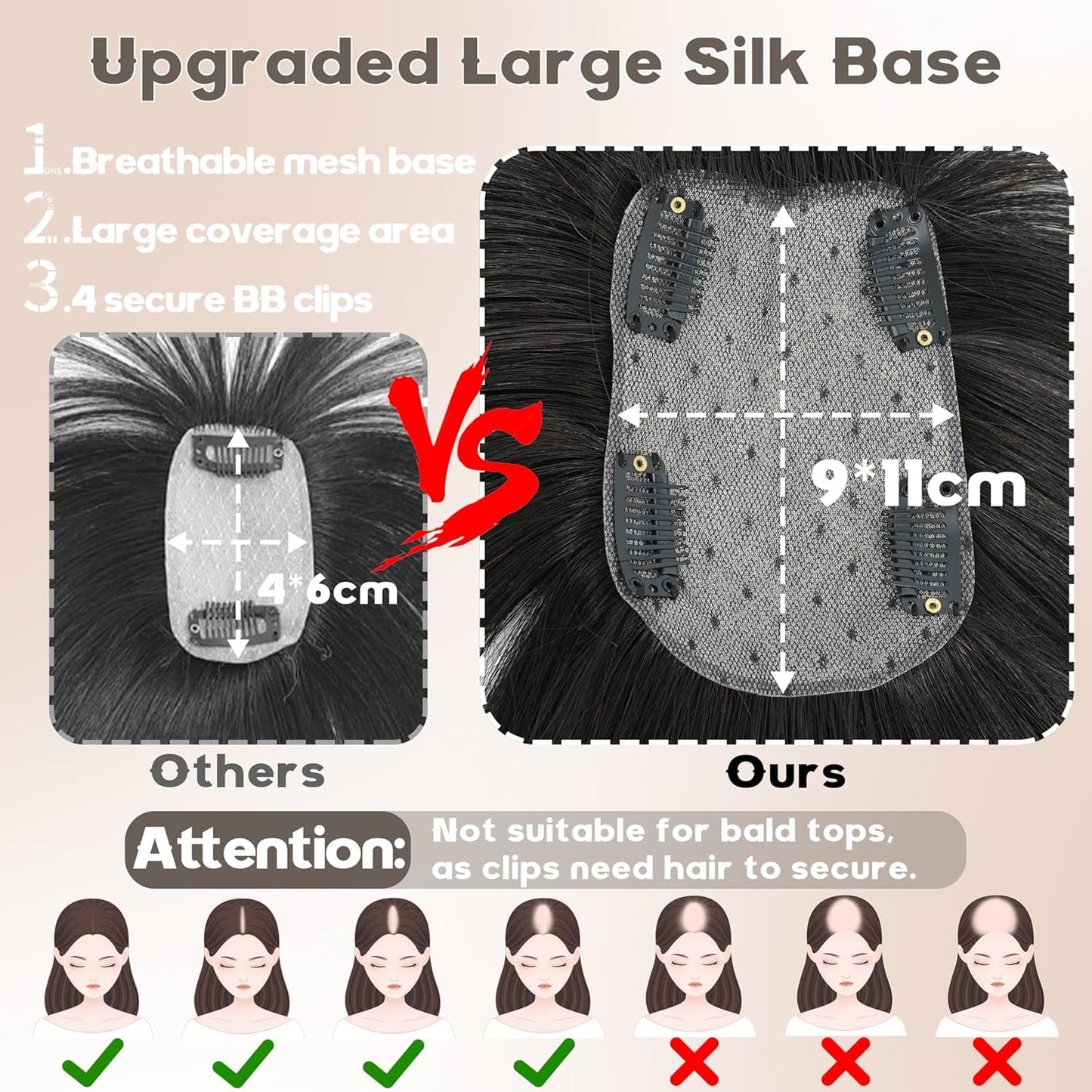 BUPPLER Hair Toppers for Women Real Human Hair-U Shape Toppers Hair Pieces for Women with Thinning Hairr 150% Density Silk Base Clip in Human Topper with Bangs for Daily Use(Brown Black-1B