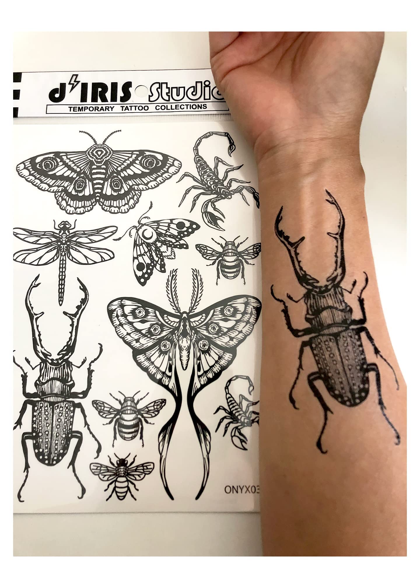 Temporary Tattoo for Adult Women - 2 Sheets - Black Big Moth Beetle Scorpion Dragonfly Bee Insect Sleeve Words Adults Tattoos
