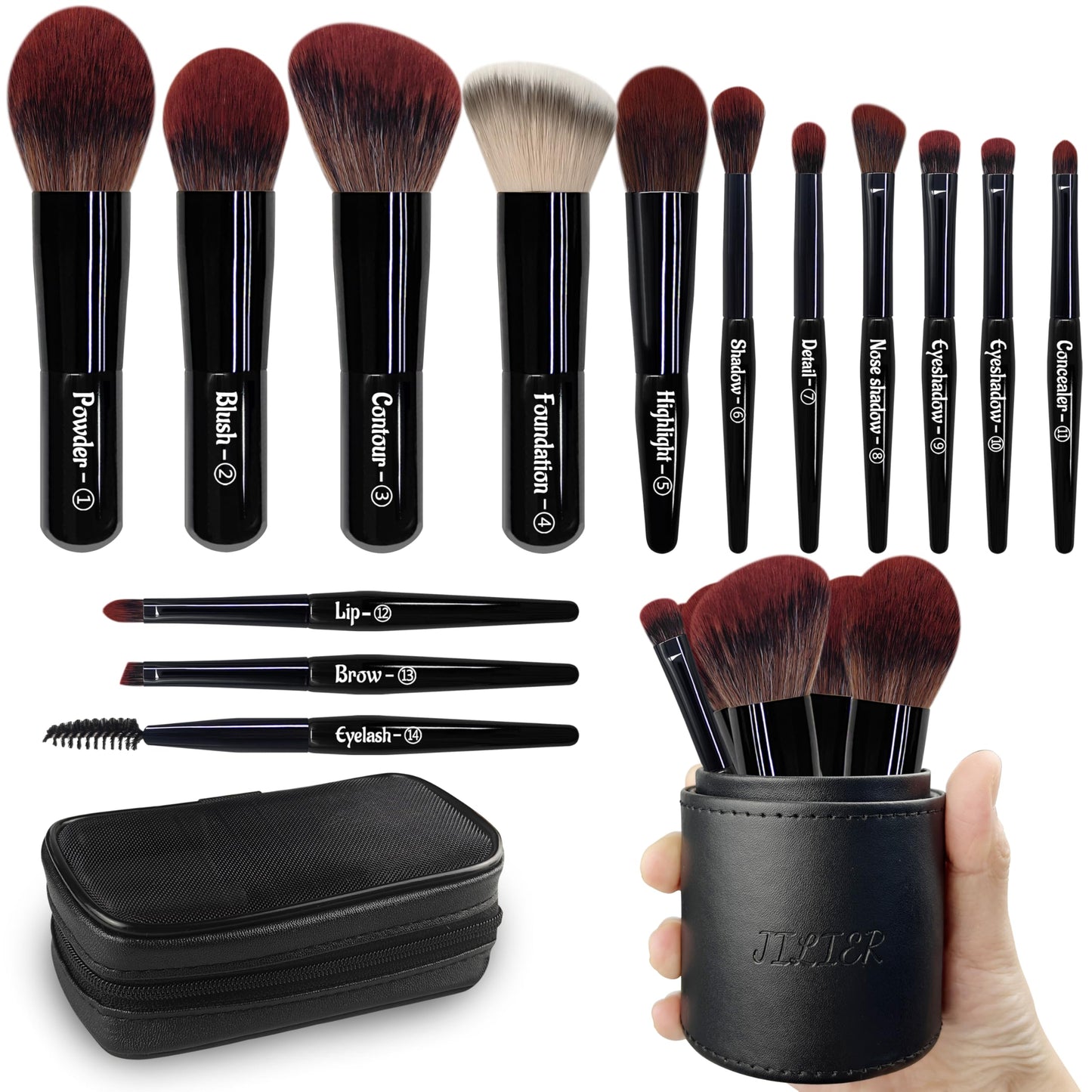 Jilier Travel Makeup Brush Set, 14 pcs Mini Makeup Brushes for Foundation, Powder, Eyeshadow, Highlight, Contour, Blush & Concealer, Small Makeup Brush Set Purse Size with Case