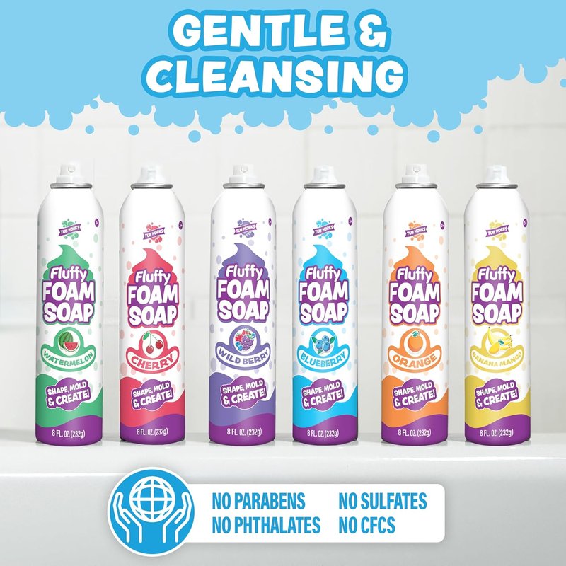 Fluffy Foam Soap for Kids - Create Bath Art with 6-Pack Variety | Gentle Cleansing & Soft Foam | Easy Spray Nozzles, Fruity Colors