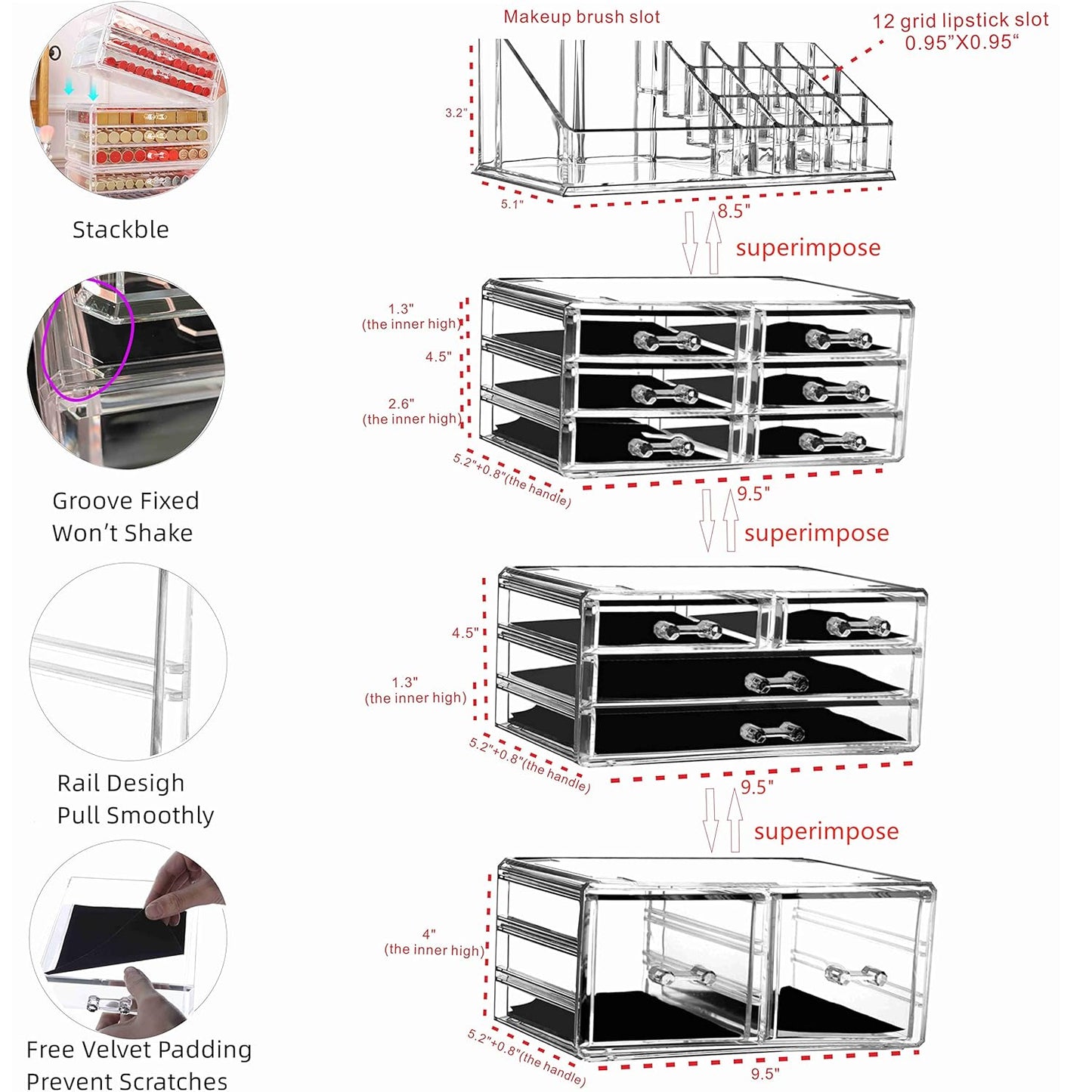 Clear Acrylic Makeup Organizer - 4 Pack Stackable 12 Drawer Skincare Storage | Cute Vanity Organizer for Hair Clips, Jewelry & Beauty Products