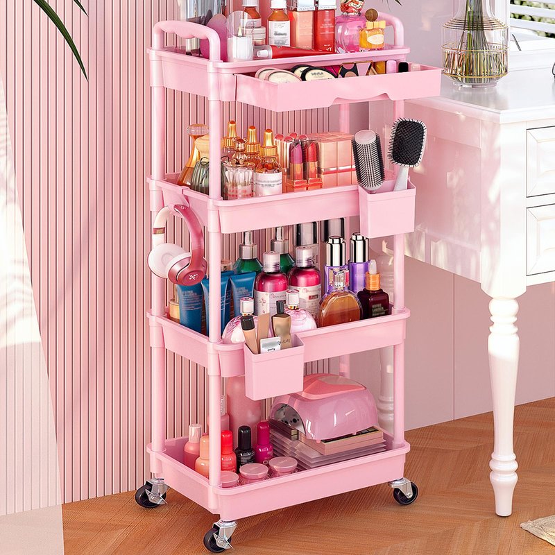 Goovilla Rolling Makeup Organizer Cart with Removable Drawer, 4 Tier Stable Pink Floor Skincare Storage Cart for Vanity, Cosmetic Display, Nail Polish, Perfume, Hair Stuff, Beauty, Bathroom(Plastic)