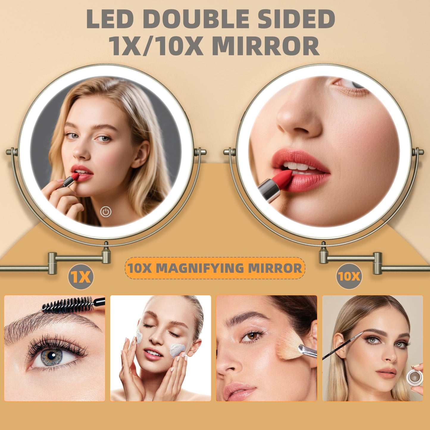 Batuso 8.5" Wall Mounted Makeup Mirror with Light, 2000mAh Rechargeable Double Sided 1X / 10X Magnifying Vanity Mirror, 3 Color Lights Touch Dimmable 360° Rotation Bathroom Mirror, Nickel