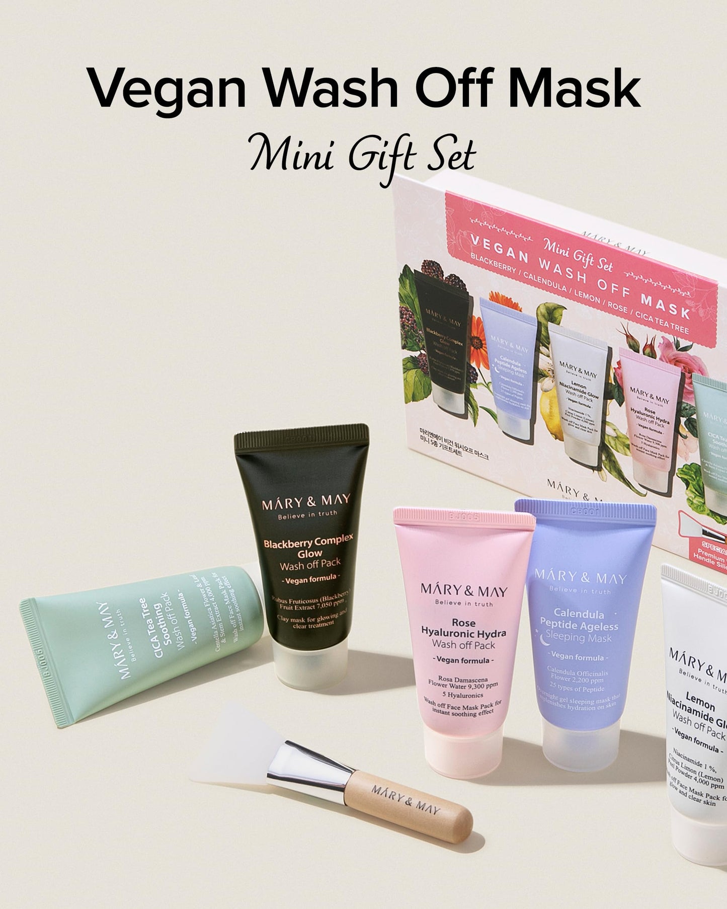 Mary&May Vegan Wash Off Mask Mini Gift Set - Cica Tea Tree, Rose Hyaluronic, Lemon Niacinamide, Blackberry Complex, Calendula Peptide - Soothing, Hydrating, Radiant Skin, Anti-Aging, 1.01oz. 5 Pack