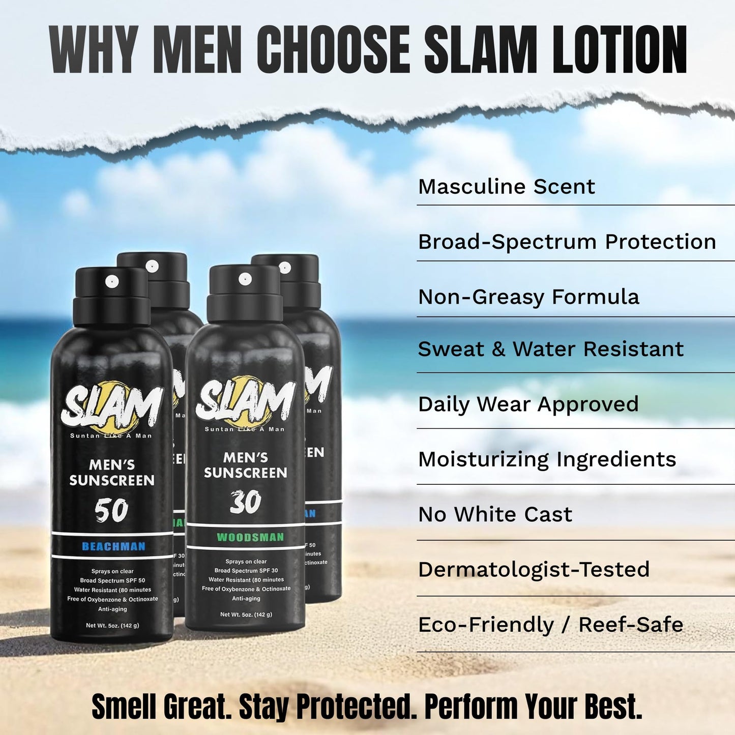 SLAM WoodsMan - Male Scented Sunscreen, SPF Sunscreen Spray, Water Resistant Sunscreen, Octinoxate & Oxybenzone Free, Broad Spectrum UVA/UVB Sunscreen, 5 Fl Oz (Pack of 1)