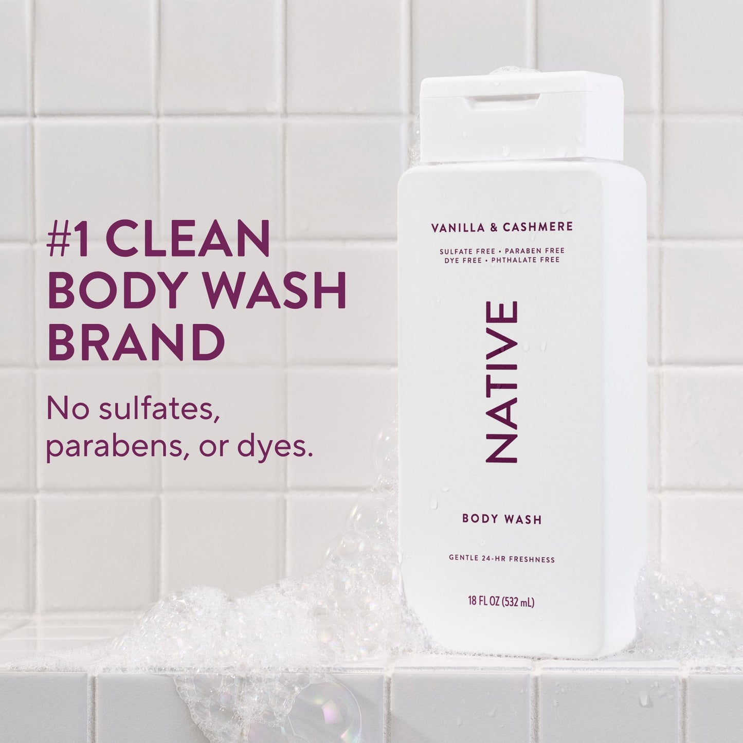 Native Clean Body Wash, Gentle & pH-balanced for Sensitive Skin, 24-Hr Freshness for Women & Men, Vegan & Cruelty-Free, Free of Sulfates & Parabens, Vanilla & Cashmere, 18 fl oz