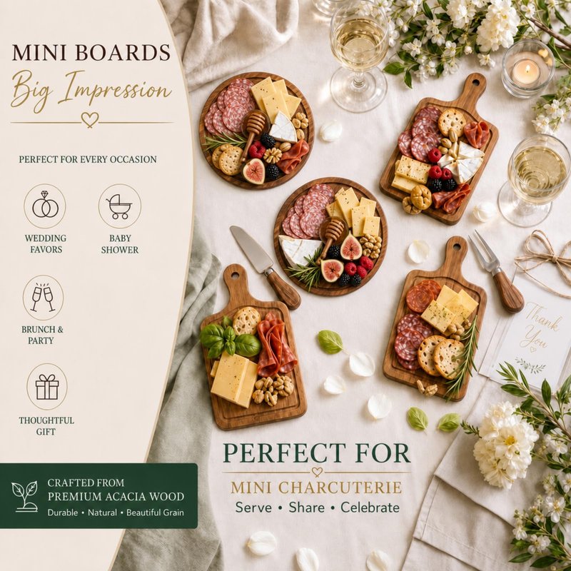 Maxcheck 1 Set Baby Shower Bridal Game Prizes for Winners Round Cheese Board Set Wood Mini Charcuterie Board with Knives and Forks Thank You Card with Gift Box for Guests Wedding (Acacia)