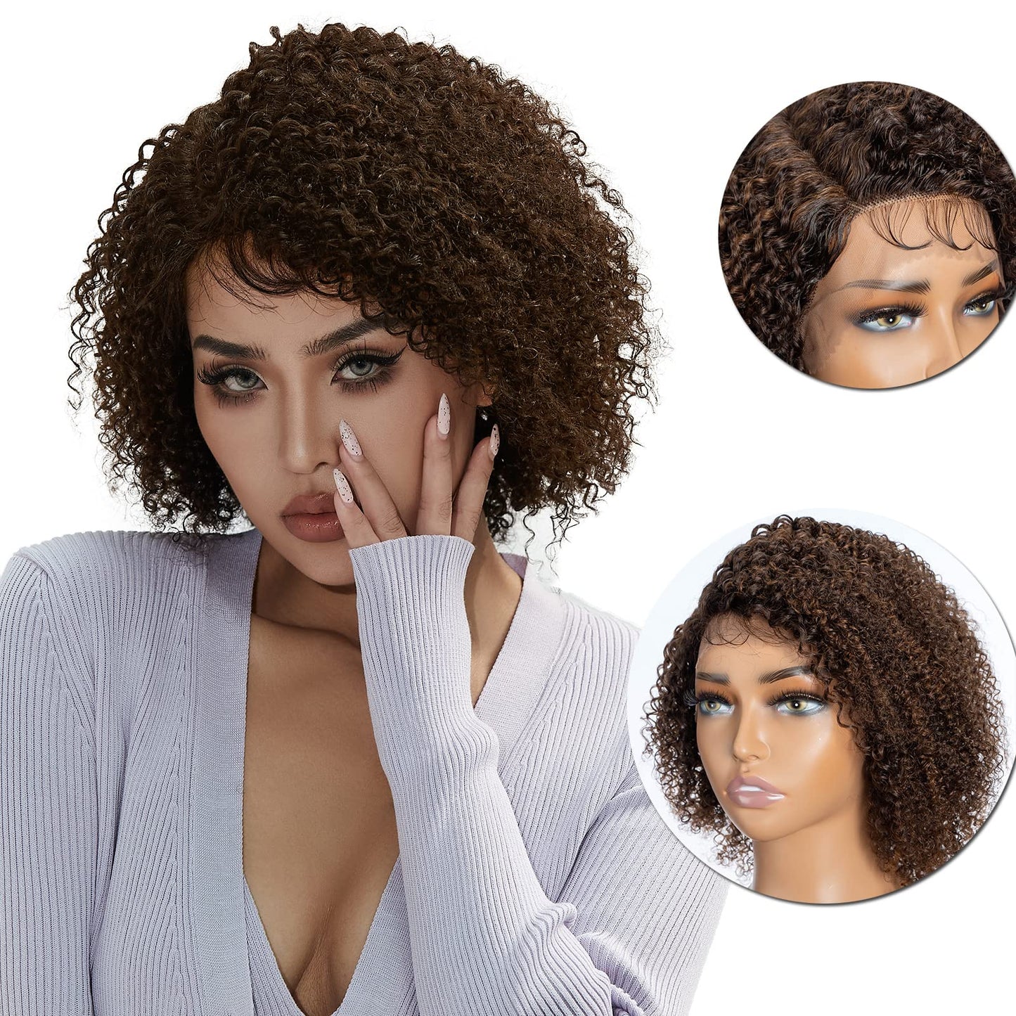 Short Curly Human Hair Lace Front Wigs for Black Women 13x5 HD Lace Side Part Wigs Pre Plucked Brazilian Virgin Human Hair Wigs with Baby Hair 150% Density Ombre Highlight Brown (12 inch)