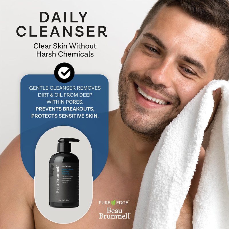 Beau Brummell for Men's Activated Charcoal Face Wash | Gentle Exfoliating Cleanser with Hyaluronic Acid, Bamboo Powder, Marine Plankton Extract, Vitamins A & E | 8 fl oz, Made in USA