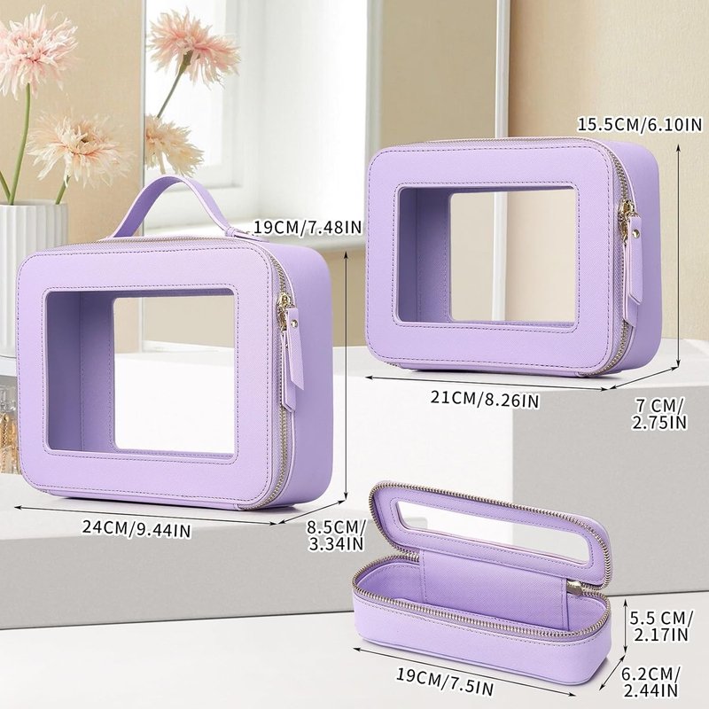 Travel Makeup Set - Waterproof Transparent Cosmetic Bag & Toiletry Organizer | Purple, L+M+Slim