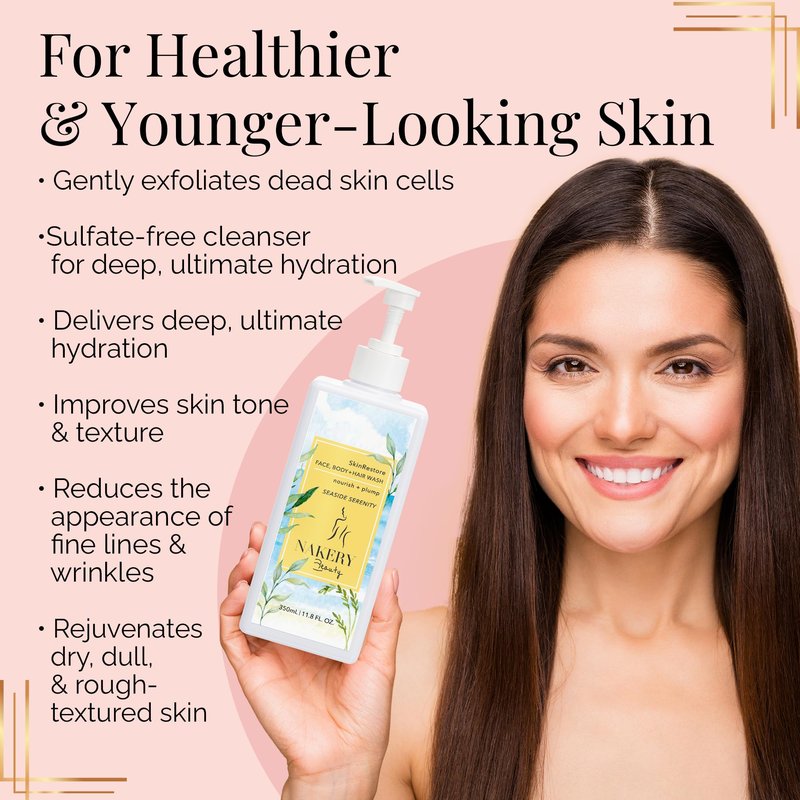 Nakery SkinRestore Hydrating Face & Body Wash with Hyaluronic Acid - Body Wash for Sensitive Skin - Foaming Face Wash & Oil Cleanser for Women 350ml - Sulfate Free & Cruelty Free - Seaside Serenity