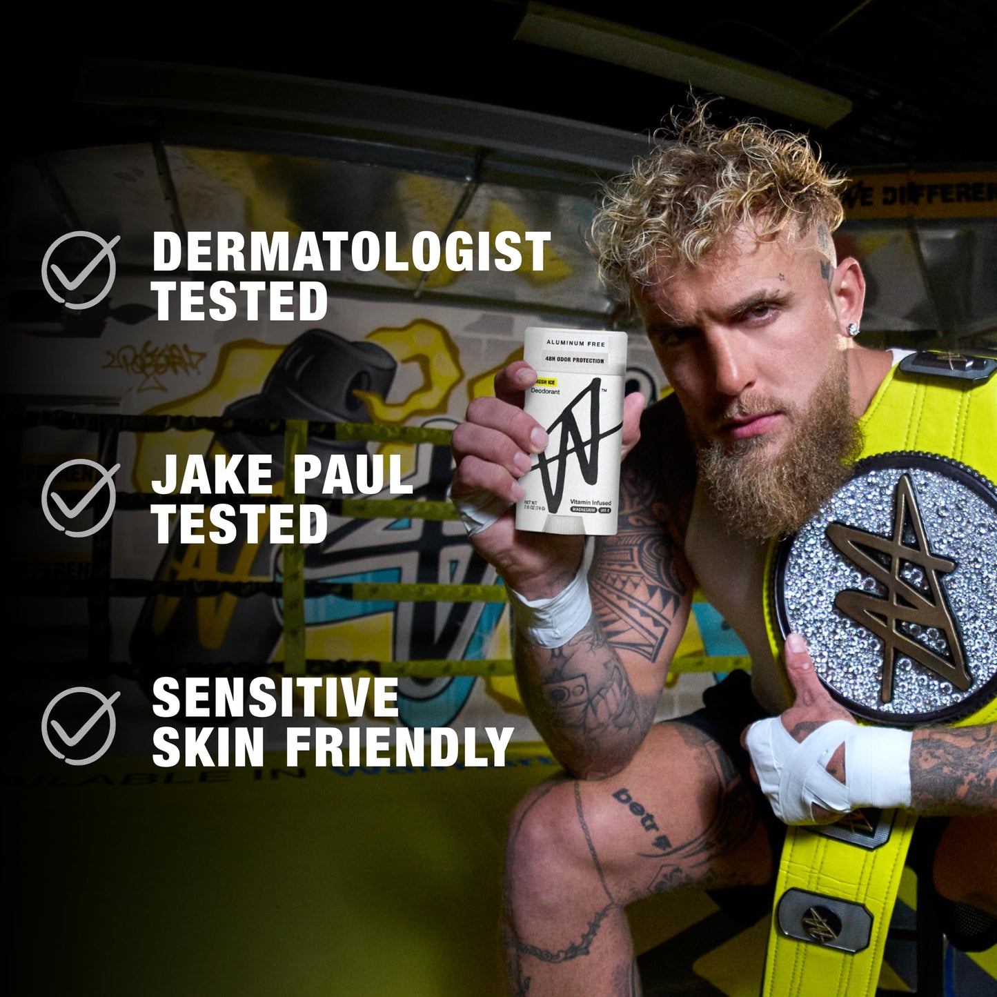 W By Jake Paul Men's Aluminum-Free Deodorant, Sensitive Skin Friendly, Dermatologist Tested, Vitamin-Infused Deodorant for Men, Fresh Ice Scent, 2.6 oz