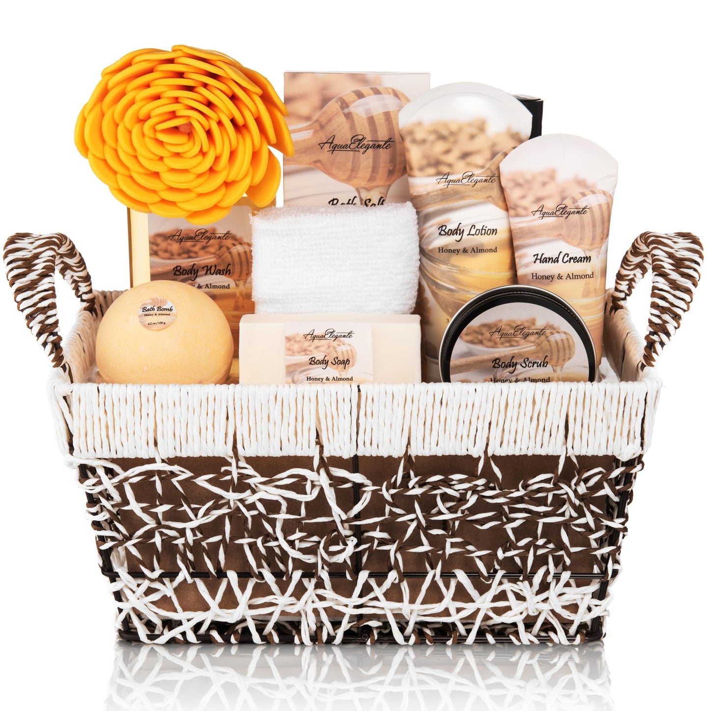 Aqua Elegante Bath Basket For Women - Deluxe Spa Set with Wash, Bubble Bath, Lotion, Salts, Body Scrub, Towel, Shower Puff, Bathbombs, Reusable Basket, Gifts for Mom, Wife, Her - Honey & Almond