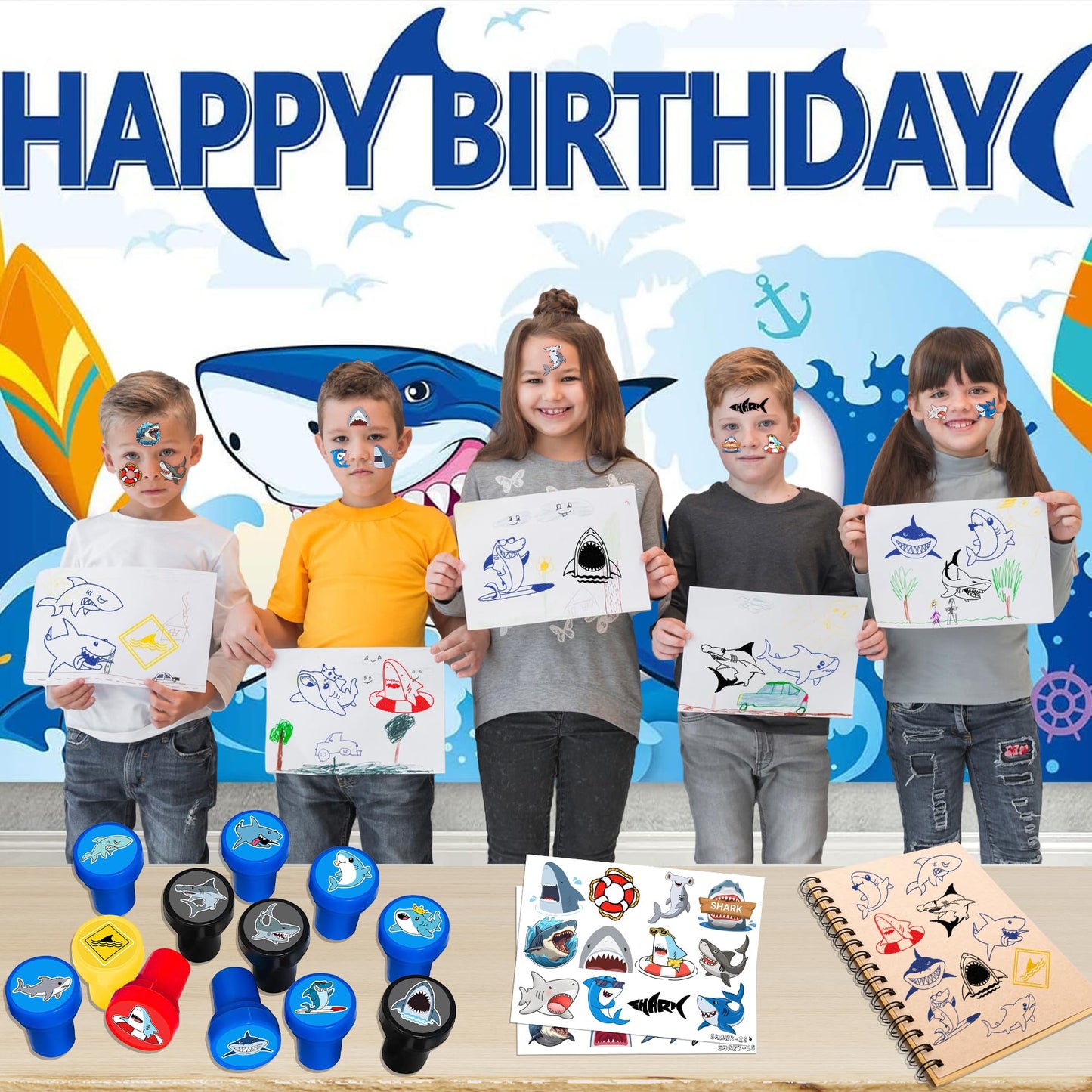INKSOMOBA 36PCS Shark Party Favors - 24PCS Temporary Tattoos & 12PCS Stamps - Ideal Beach Ocean Animal Themed Birthday Card Decorations Supplies Goodie Bag Cute Rewards for Boys Girls Classroom Gifts
