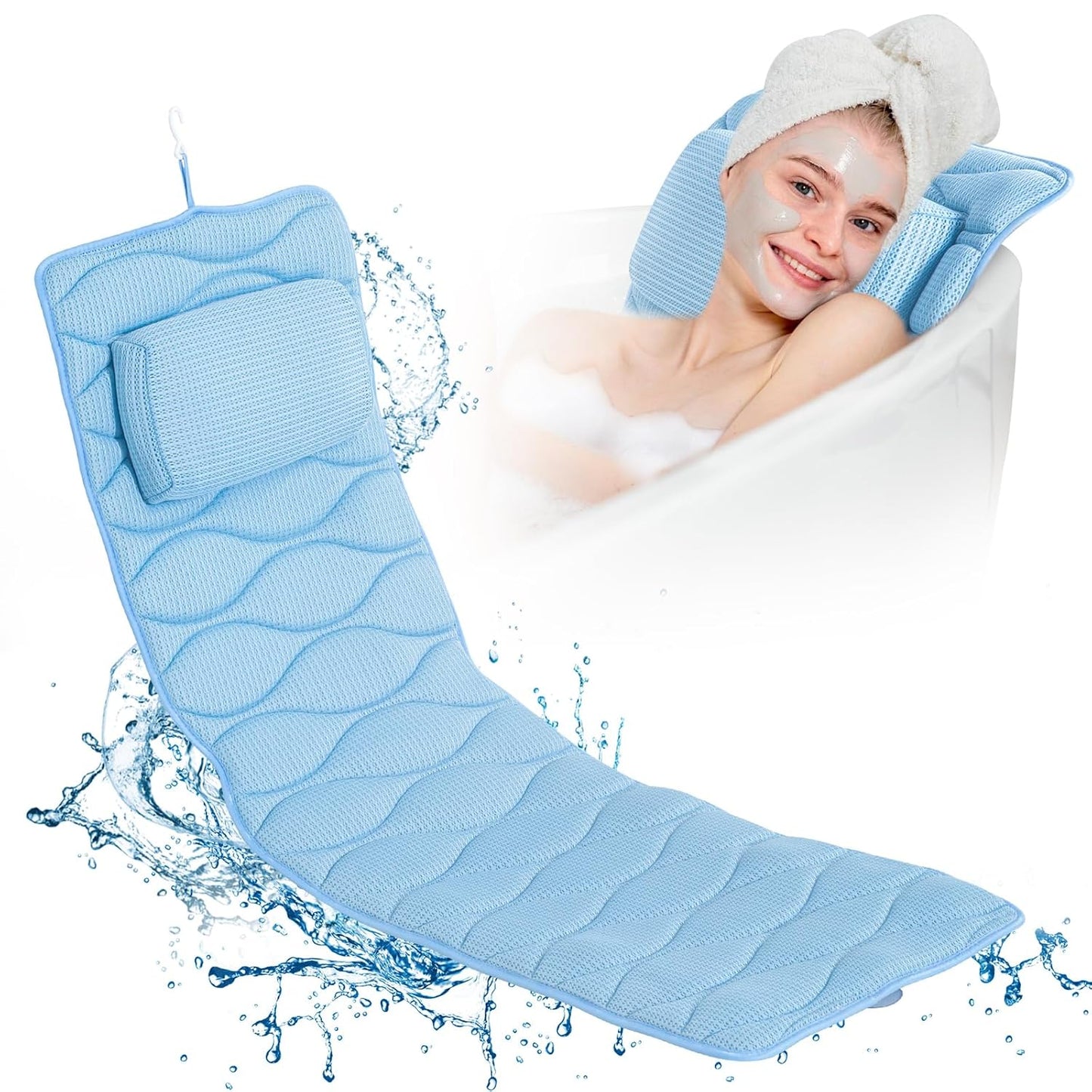 Full Body Bath Pillow - 5D Air Mesh Spa Pillow with 21 Non-Slip Suction Cups | Quick Drying, Blue