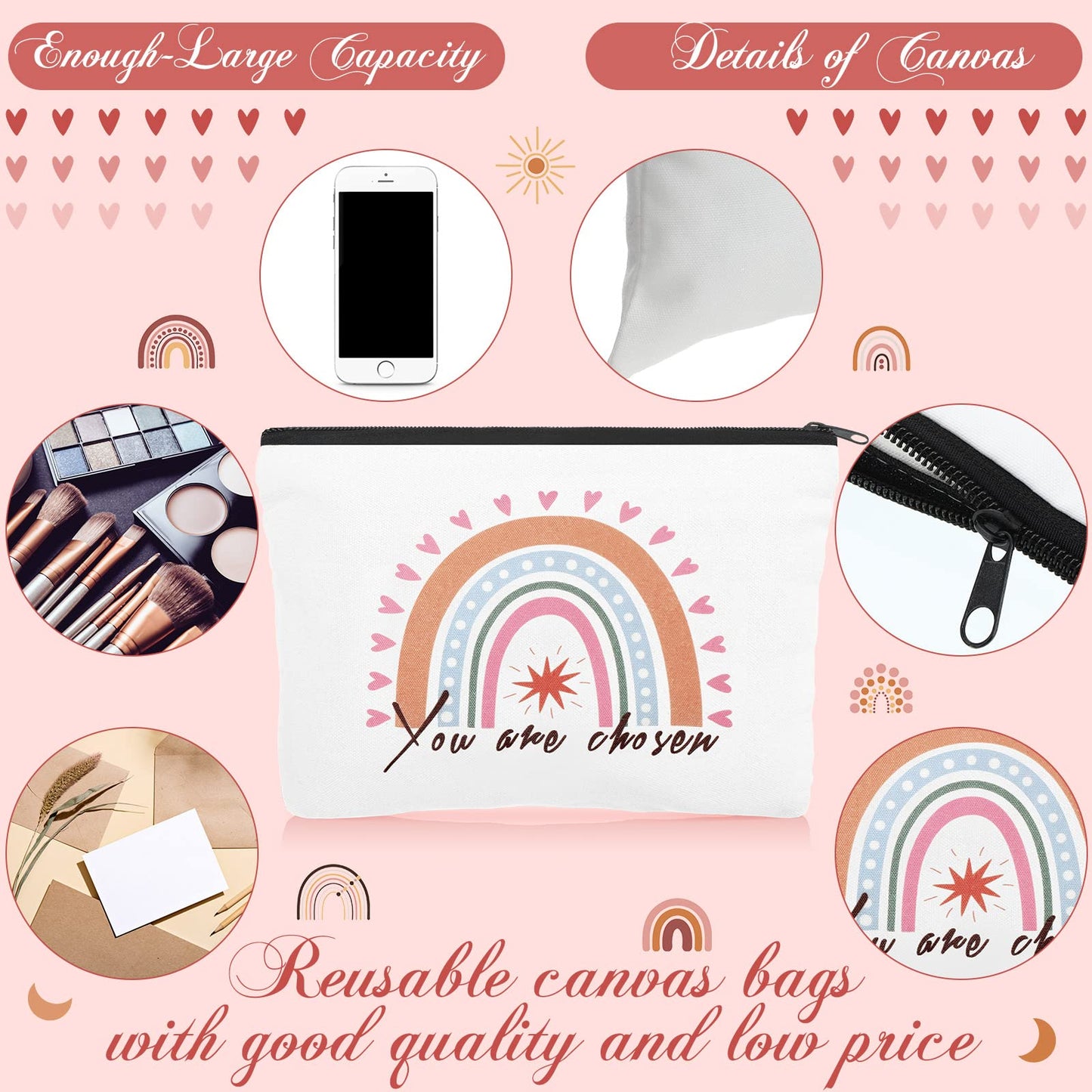 Pinkunn Mothers Day Rainbow Canvas Cosmetic Bag Gifts in Bulk for Women with Inspirational Quote Keychains Set 16 Pcs Cosmetic Bags 16 Pcs Keychains You are Amazing Beautiful Kind Travel Pouch Zipper