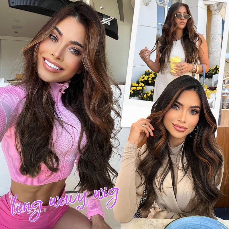Eawwii Dark Brown Mixed Chestnut Wig for Women Long Wavy 4x1 Lace Natural Hairline Glueless for Beginners Middle Part Synthetic for Daily Party Use 26Inch