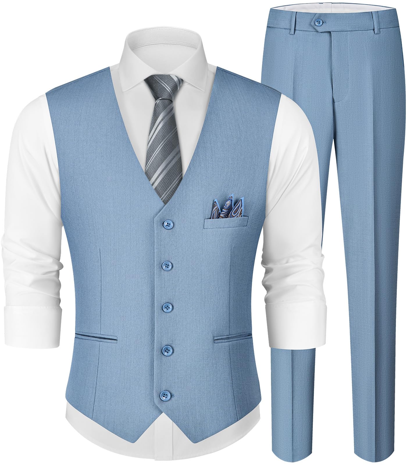 MAGE MALE Men's Linen 2 Piece Suit Slim Fit Wedding Groomsmen Summer Vest Pants Set with Pocket Square Light Blue