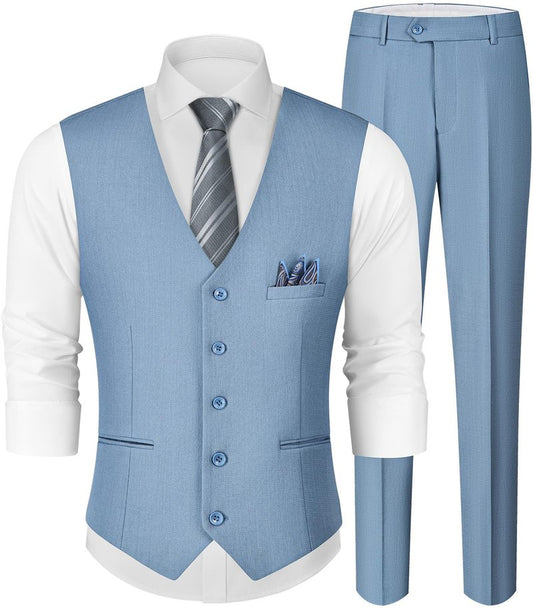 MAGE MALE Men's Linen 2 Piece Suit Slim Fit Wedding Groomsmen Summer Vest Pants Set with Pocket Square Light Blue