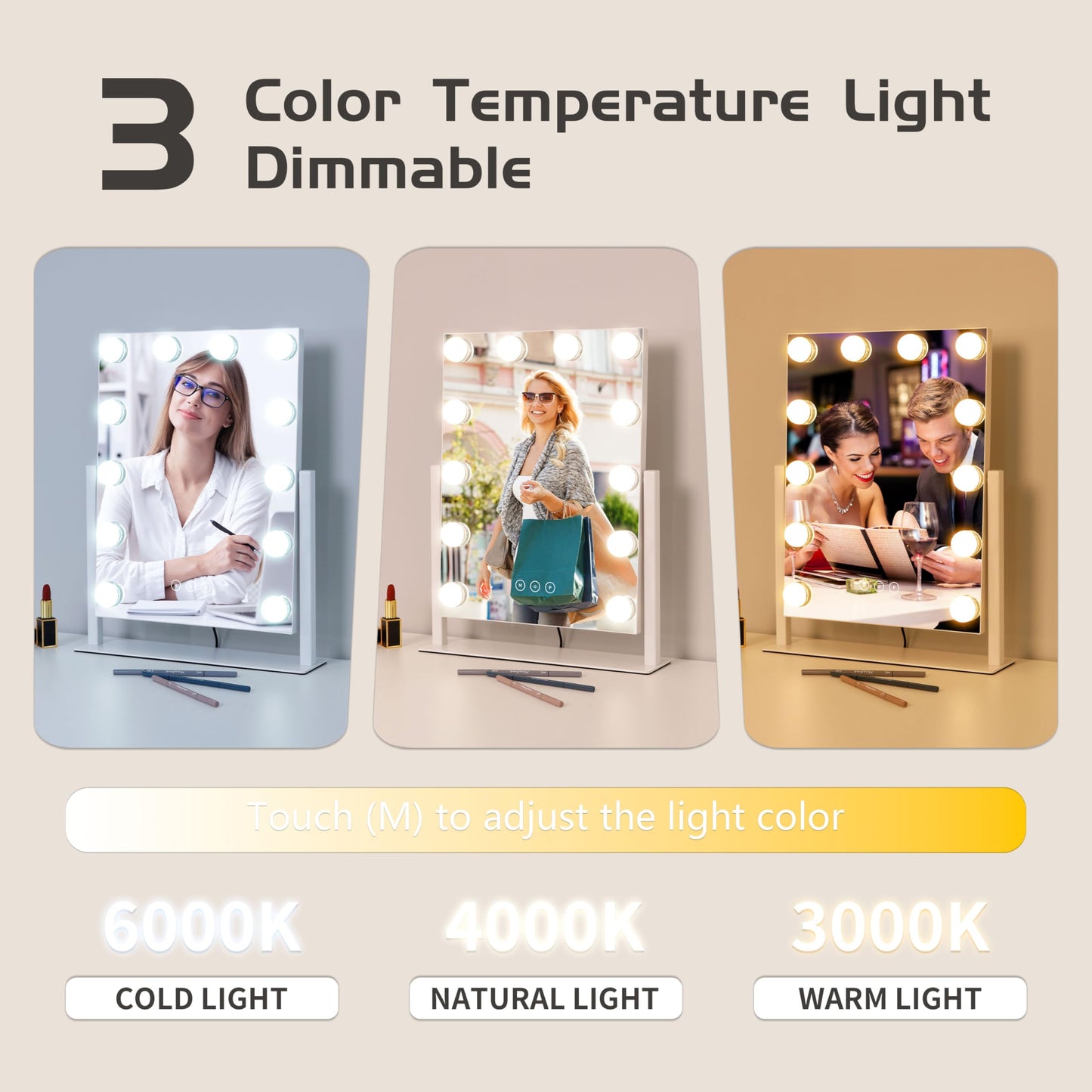 Kotdning Vanity Mirror with Lights,Lighted Vanity Mirror with 12 Dimmable Bulbs for Dressing Room & Bedroom,3 Color Lighting,Modes Detachable 10x Magnification 360°Ratation (White) 14.6" L x 17" W