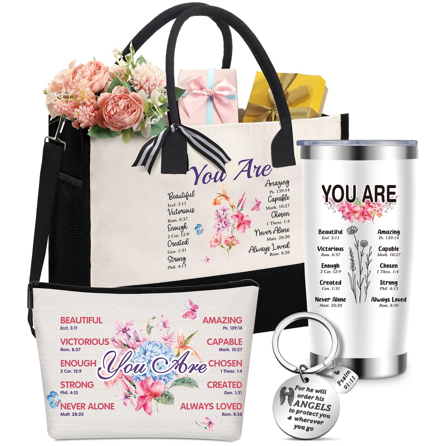 Aliceset 4 Pcs Christian Inspirational Gifts Set for Women Include Tote Bag Makeup Bag 20 oz Stainless Steel Tumbler Keychain(Sunflower)