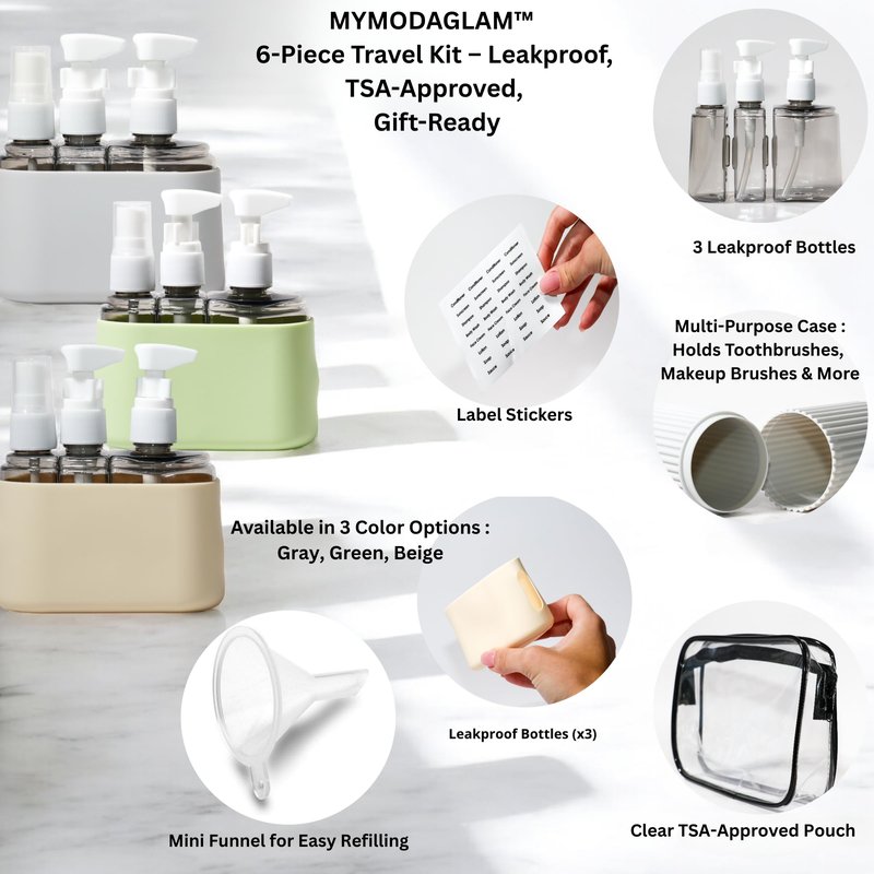 MYMODAGLAM Travel Bottle Set – TSA Approved, Leakproof Toiletry Kit for Carry-On, Refillable Containers for Spring & Summer Travel (Light Gray)