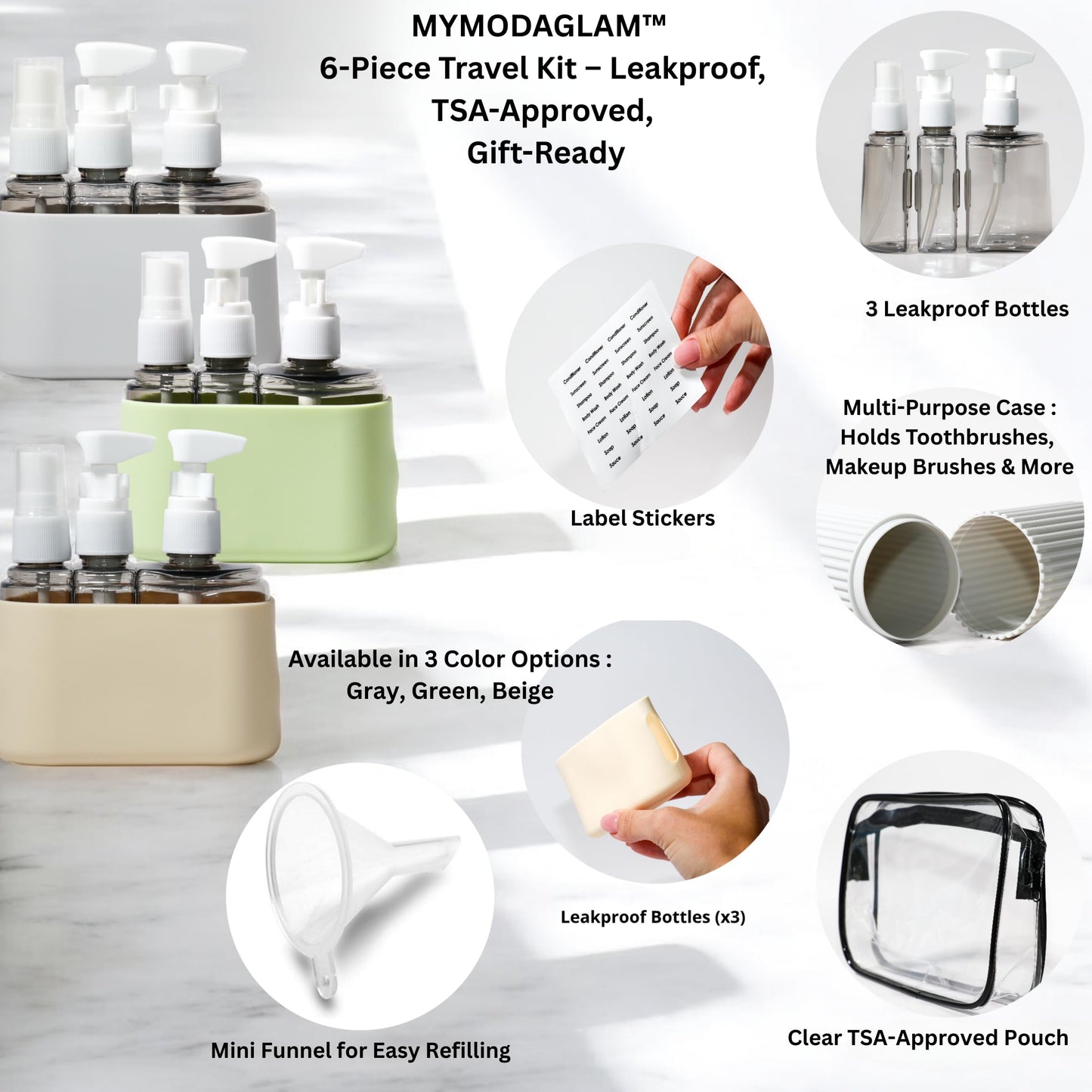 MYMODAGLAM Travel Bottle Set – TSA Approved, Leakproof Toiletry Kit for Carry-On, Refillable Containers for Spring & Summer Travel (Light Gray)