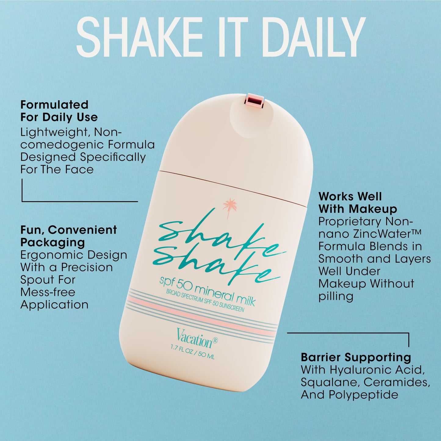 Vacation Shake Shake SPF 50 Mineral Face Sunscreen, 1.7 Fluid Ounces - Non-Nano Zinc Oxide, Non-Comedogenic, Streak-Free, Water-Resistant, Broad Spectrum, Moisturizer with SPF, Vegan