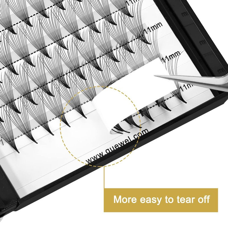 QUEWEL Premade Fans Middle Part 3D ～ 10D 12D 14D | 0.05/0.07/0.10 | Curl C/D | 10-18mm Length | Long Lasting Easy Application Long Stem Russian Volume Eyelash Extensions (14D-0.05C-11)