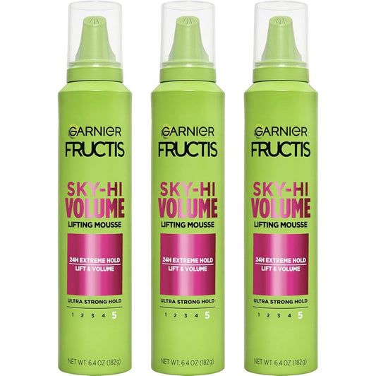 Garnier Fructis Sky-Hi Volume Mousse - Extreme Hold Hair Styling Foam | 6.4 Oz, 3 Pack