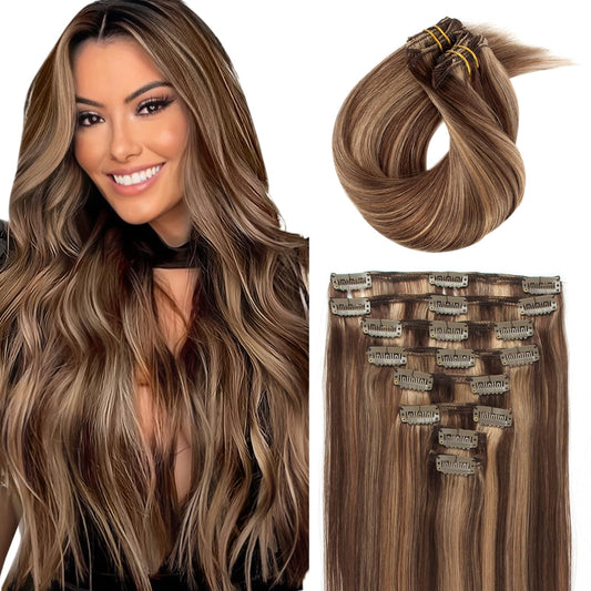 ABH AMAZINGBEAUTY HAIR Highlight Clip in Hair Extensions Human Hair 8 Pieces Chocolate Brown Mixed to Dark Blonde Hair Extensions Clip in Natural Blend Full Head Double Wefts Soft Straight 90G 16 Inch