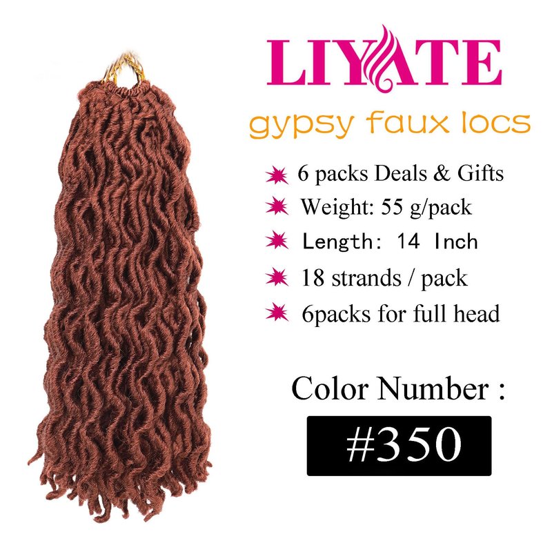 6 Packs Faux Locs Crochet Hair 14 Inch Ginger Goddess Locs Crochet Hair for Black Women, Prelooped Gypsy locs Crochet Braids Copper Red Soft Wavy Dreadlocks Hair Extensions, 350