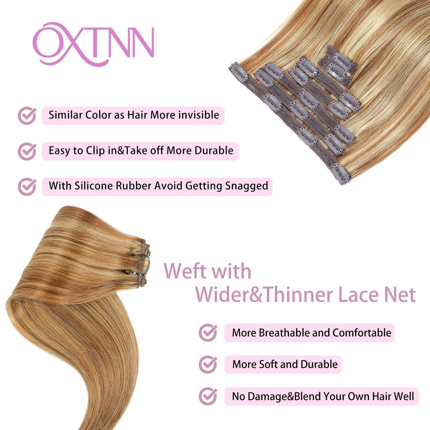 Clip in Hair Extensions Real Human Hair Chocolate Brown to Caramel Blonde 14 inch 7pcs 70g/Pack, Human Hair Clip in Extensions, Salon-Grade Quality, Easy Comfort Wear for Women (#P4/27, 14 inch)