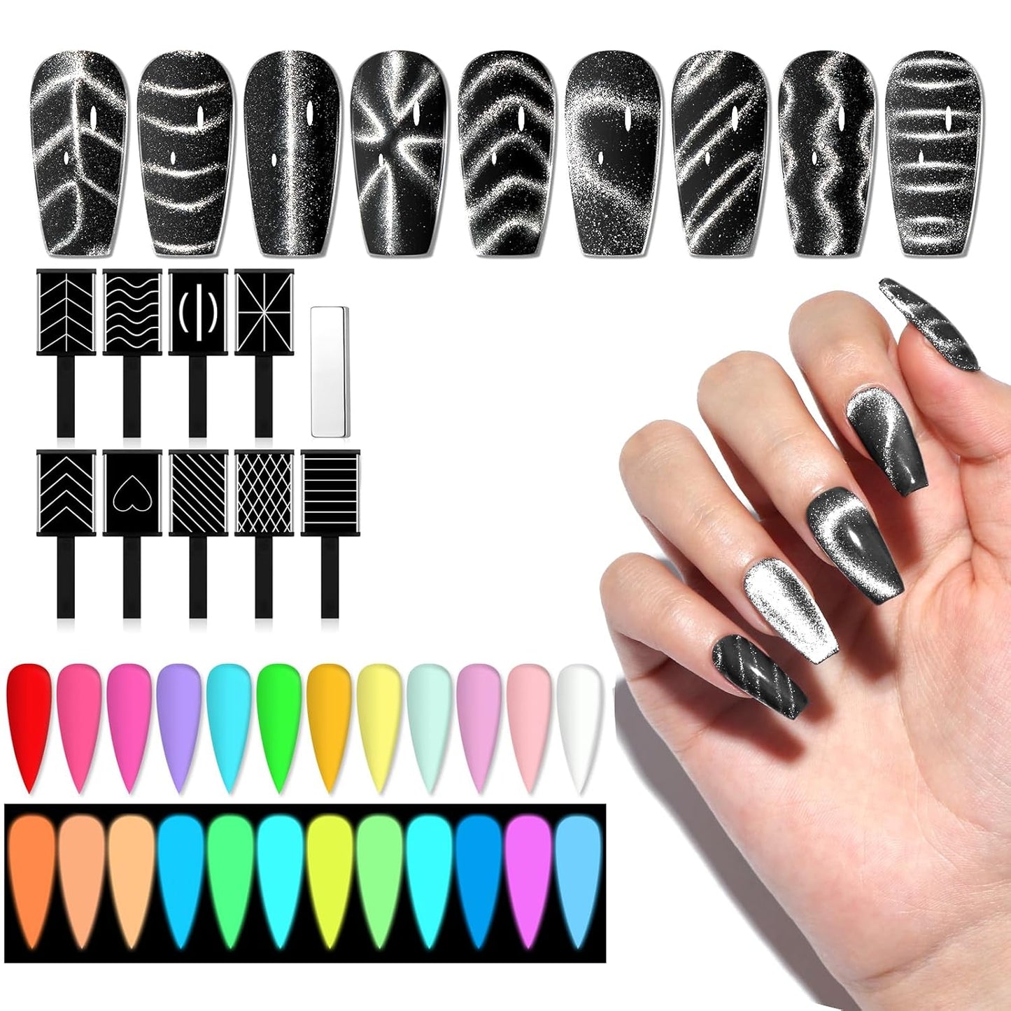 SAVILAND Glow in the Dark Gel Nail Polish Set | 12 Luminous Neon Colors with Cat Eye Magnets