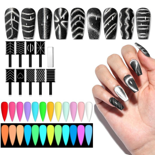 SAVILAND Glow in the Dark Gel Nail Polish Set | 12 Luminous Neon Colors with Cat Eye Magnets