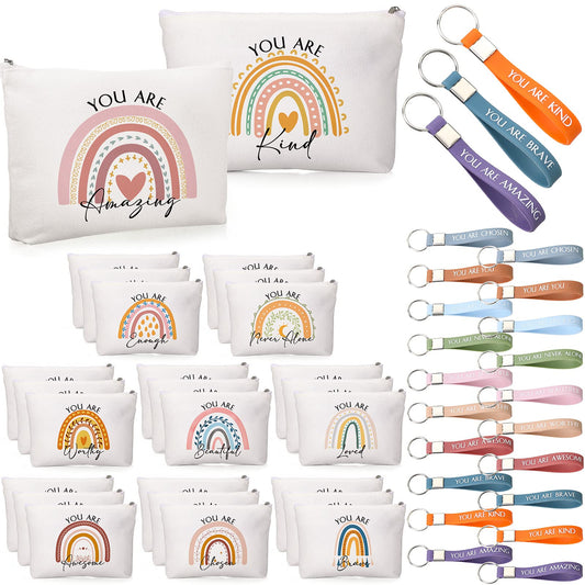 Fumete 60 Pcs Back to School Gift Bulk 30 Inspirational Rainbow Canvas Makeup Bag 30 Motivational Keychain Thank You Gift for Women Men Volunteer Nurse Teacher Appreciation Gifts